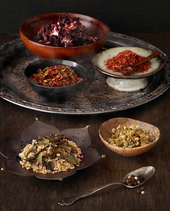 mixed media fine art photo of still life of spices in bowls and on tray with spoons