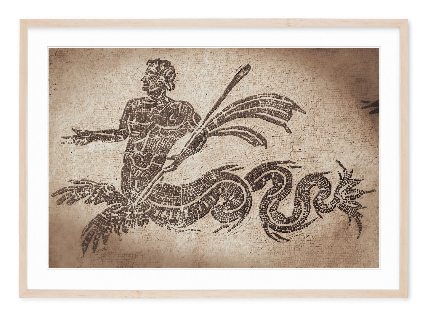 neutral tone fine art image of triton mosaic at ostia antica in rome italy