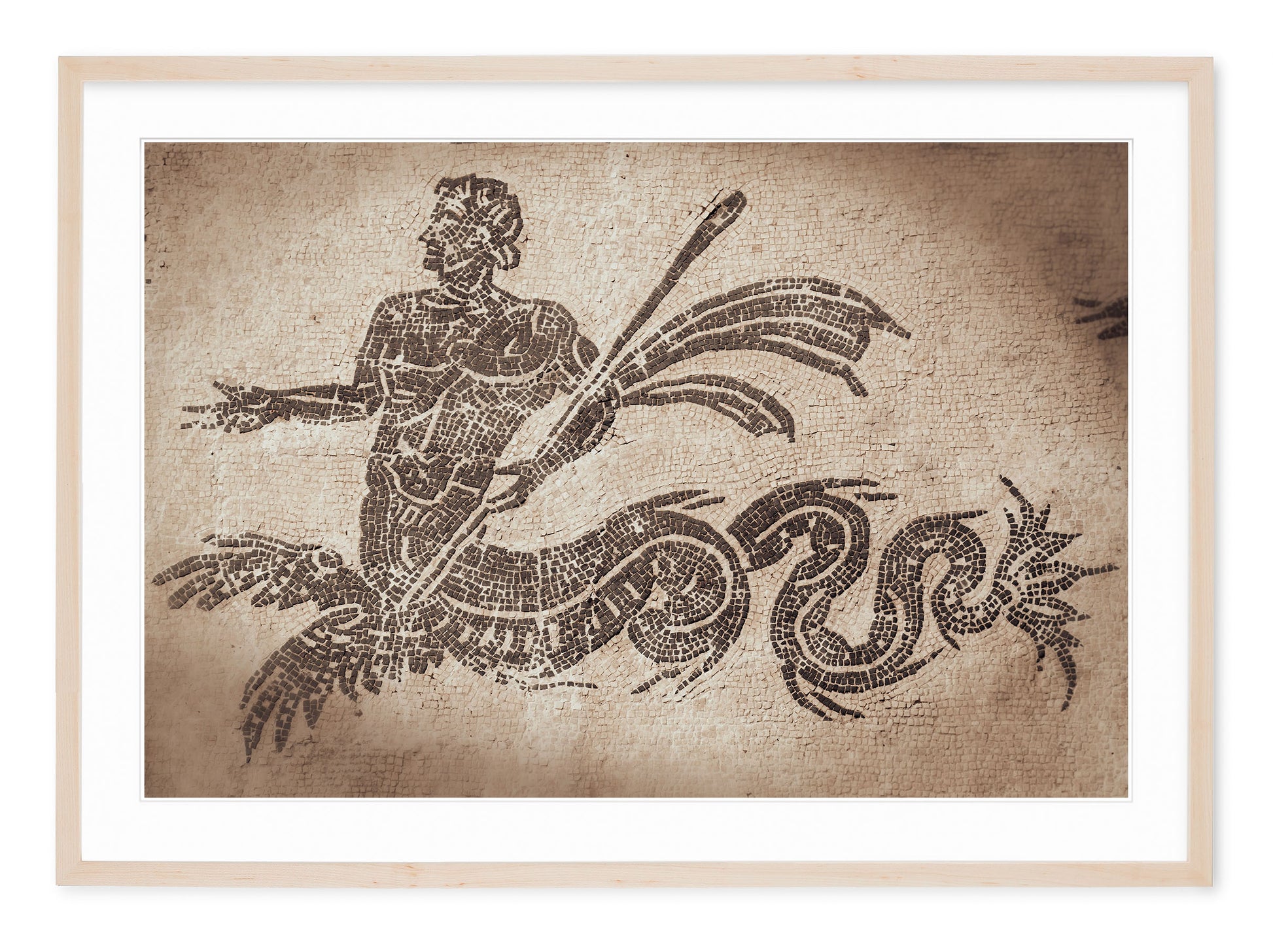 neutral tone fine art image of triton mosaic at ostia antica in rome italy