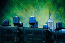 Load image into Gallery viewer, mixed media painted photograph of water towers and empire state building in new york city
