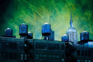 mixed media painted photograph of water towers and empire state building in new york city