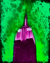 Load image into Gallery viewer, Empire state building pop art mixed media photo with paint splashes and intense colors

