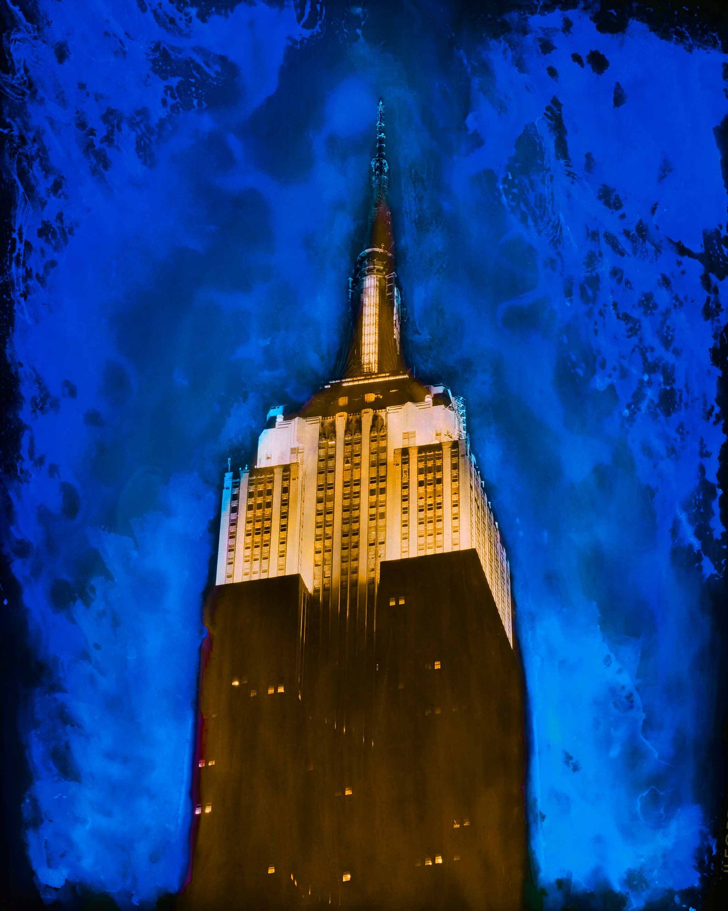 Empire state building pop art mixed media photo with paint splashes and intense colors