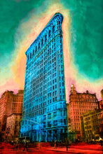 Load image into Gallery viewer, flatiron building pop art mixed media photo with paint splashes and intense colors
