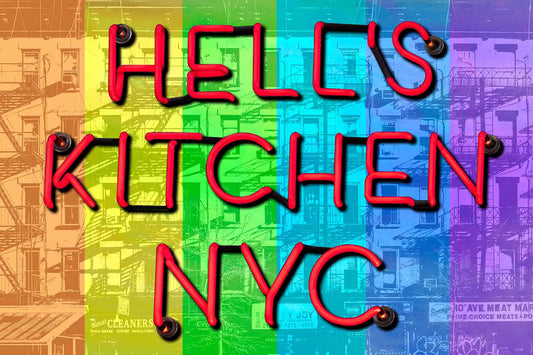 Hell's Kitchen NYC written in neon with rainbow, pop art mixed media photo with intense colors