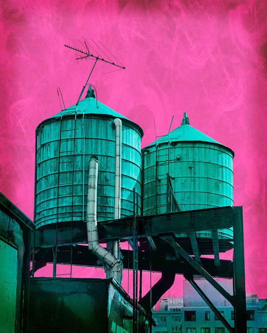 pop art mixed media image of water towers in new york city with saturated colors