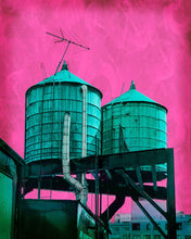 Load image into Gallery viewer, pop art mixed media image of water towers in new york city with saturated colors
