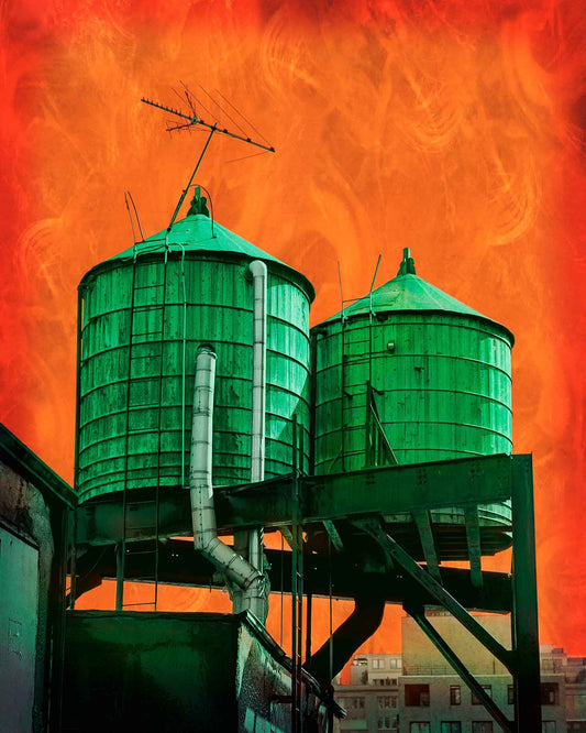 pop art mixed media image of water towers in new york city with saturated colors