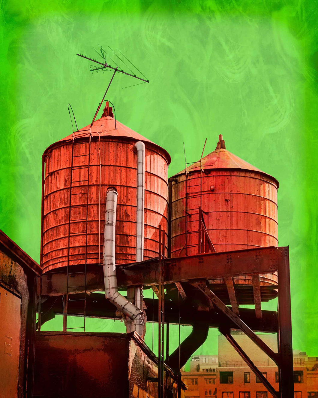pop art mixed media image of water towers in new york city with saturated colors