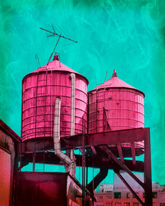pop art image of new york water towers in pink with a swirly hand painted teal sky