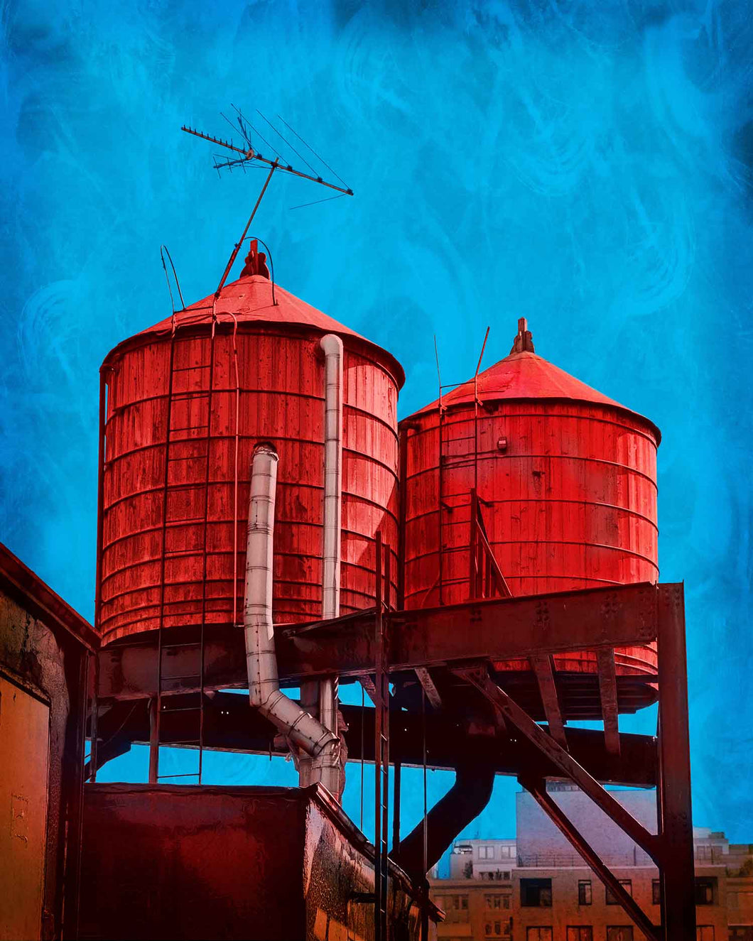 pop art mixed media image of water towers in new york city with saturated colors