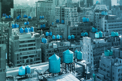 pop art mixed media landscape of water towers in new york city in shades of blue