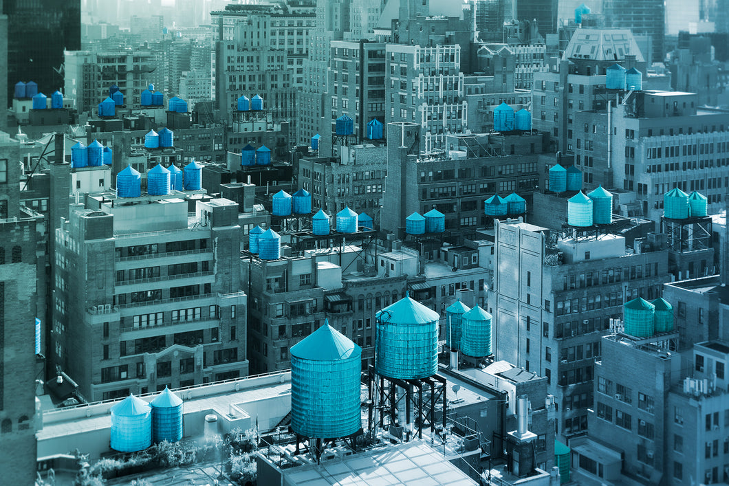 pop art mixed media landscape of water towers in new york city in shades of blue