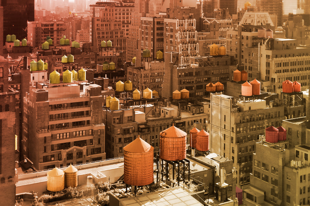 pop art mixed media landscape of water towers in new york city in shades of orange, red and yellow