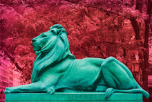 Load image into Gallery viewer, pop art mixed media image of new york city public library lion patience and fortitude with saturated colors
