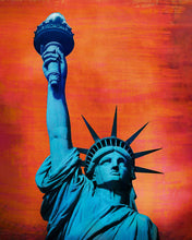 Load image into Gallery viewer, pop art mixed media image of new york city statue of liberty with saturated colors
