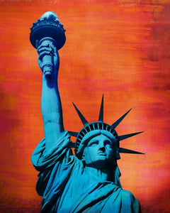 pop art mixed media image of new york city statue of liberty with saturated colors