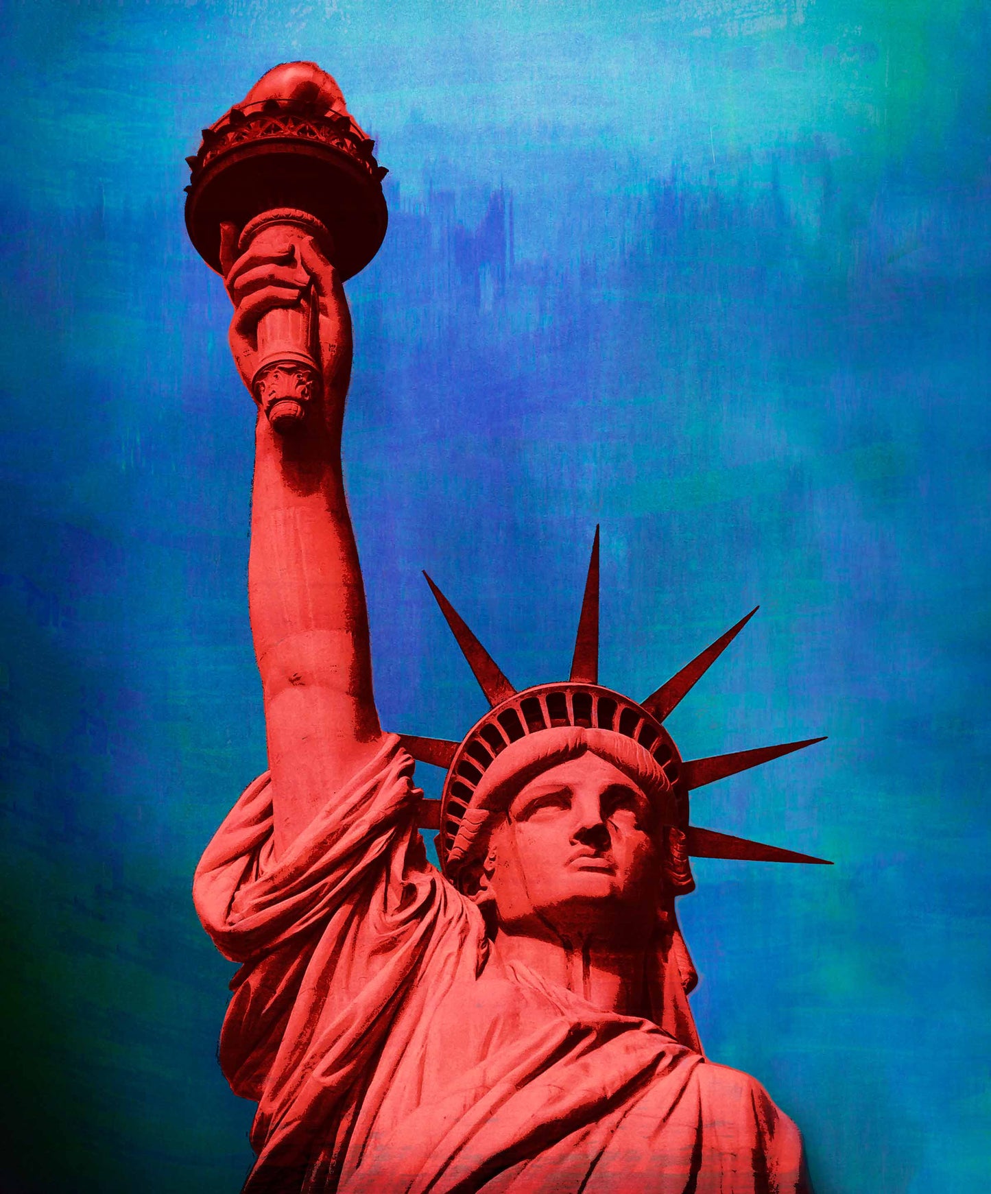 pop art mixed media image of new york city statue of liberty with saturated colors