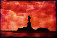 Load image into Gallery viewer, pop art mixed media image of new york city statue of liberty with saturated colors
