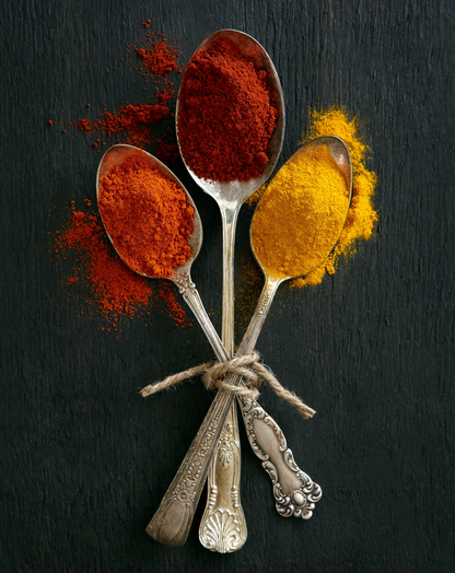 fine art color still life of antique silver spoons with spices in shades of yellow, orange and red