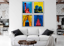 Load image into Gallery viewer, group of four pop art inspired images of new york city sites including the statue of liberty, chrysler building, empire state building and water towers in saturated hand painted shades of red, yellow and blue
