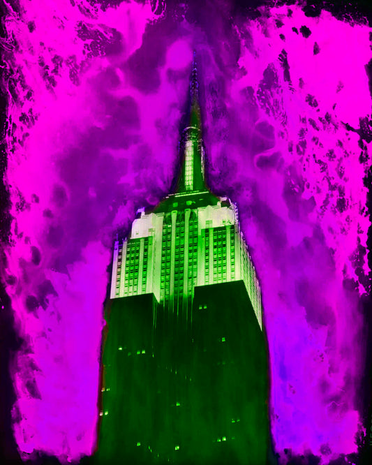 Empire state building pop art mixed media photo with paint splashes and intense colors