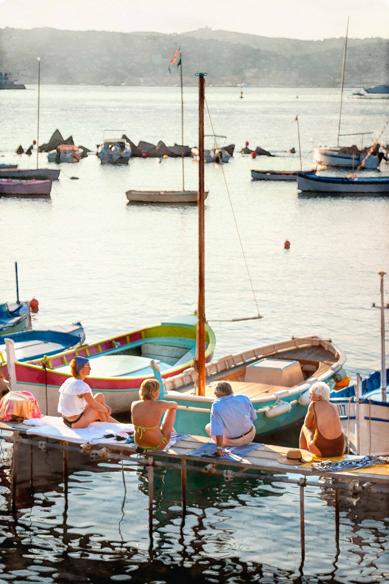 south of france fine art photo of family on pier in marina at sunset