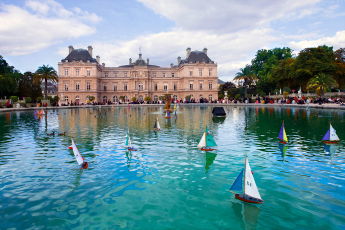 impressionism inspired mixed media photo of sailboats in pond at luxembourg gardens paris, france