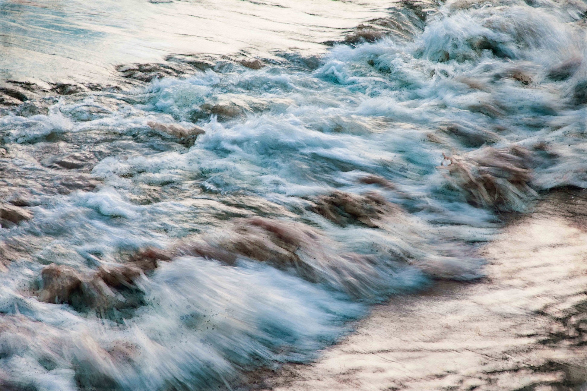 fine art mixed media image of waves splashing on beach in shades of blue and brown