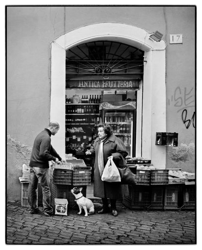 rome italy fine art black and white photography for sale by fine artist fruit market in rome with french bulldog