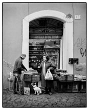 Load image into Gallery viewer, rome italy fine art black and white photography for sale by fine artist fruit market in rome with french bulldog
