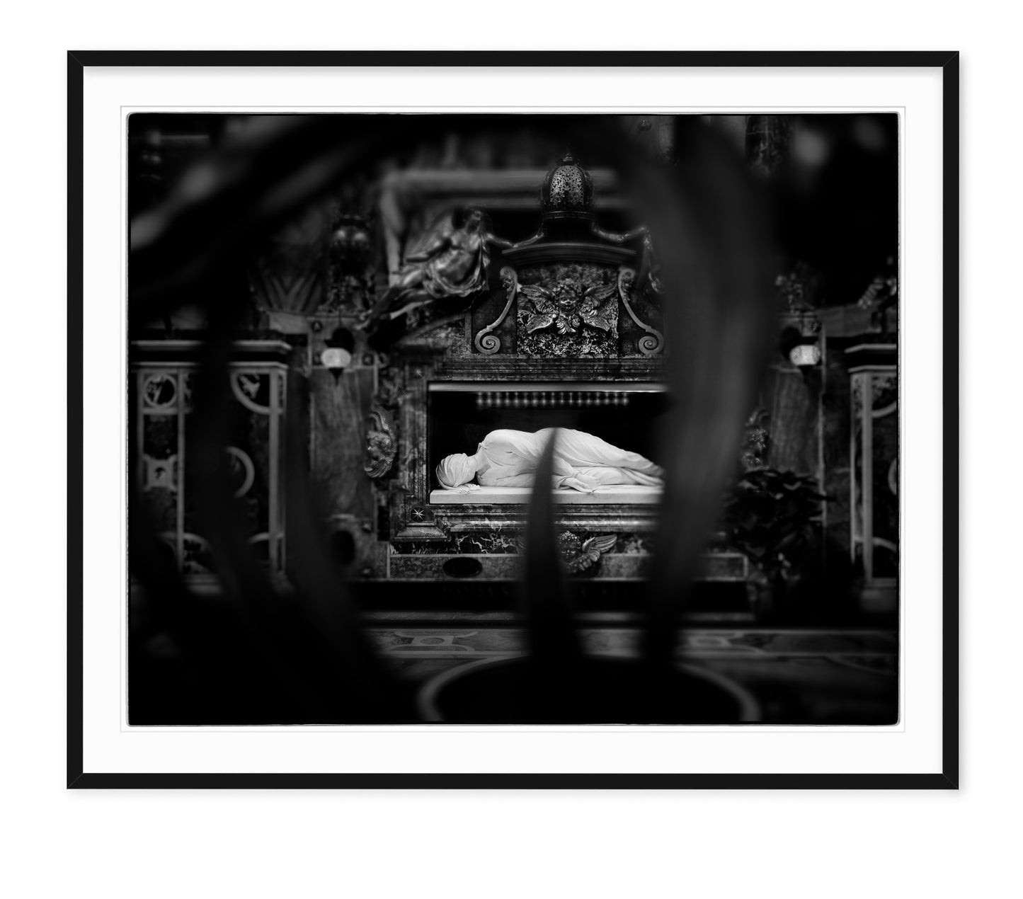 black and white fine art photograph of the basilica di santa cecilia in Trastevere rome, italy