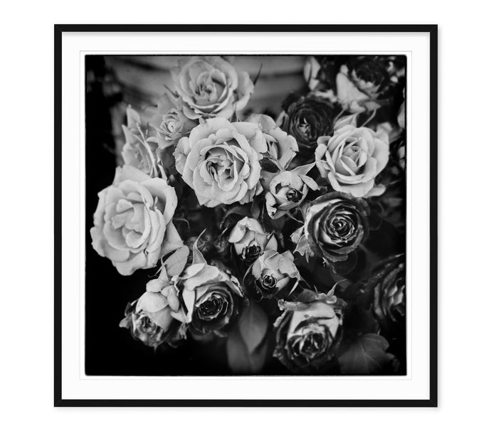 black and white photo of bouquet of roses starting to decay