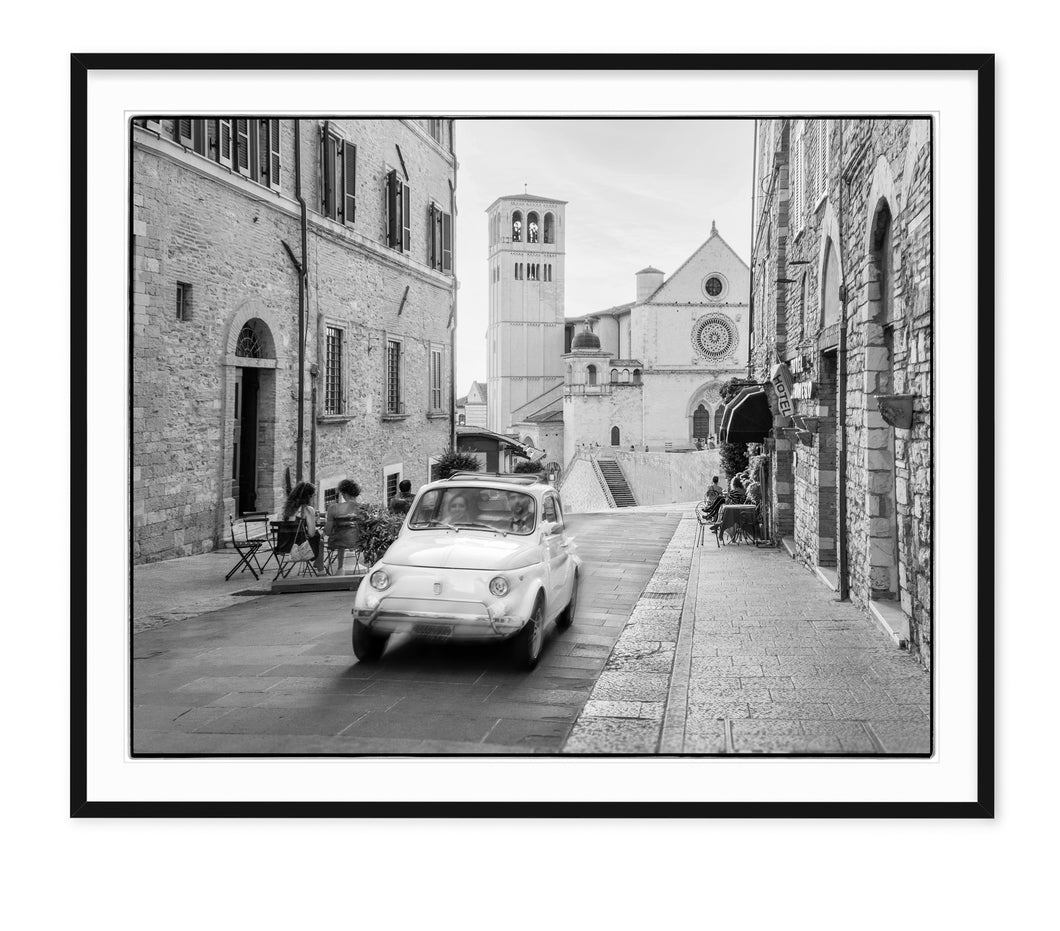 black and white fine art photograph of fiat in assisi italy 