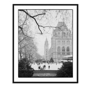 black & white photo of ice skaters at London's Natural History Museum in Kensington
