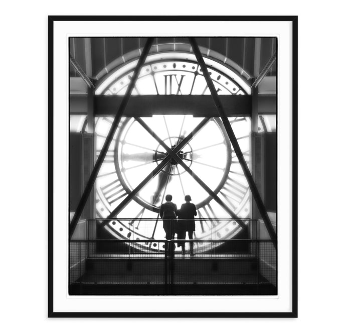 black and white fine art image of the clock at musee d'orsay in paris france