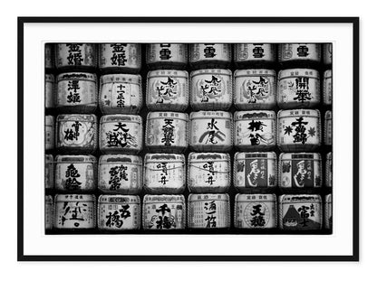 black and white fine art image of sake barrels in tokyo japan