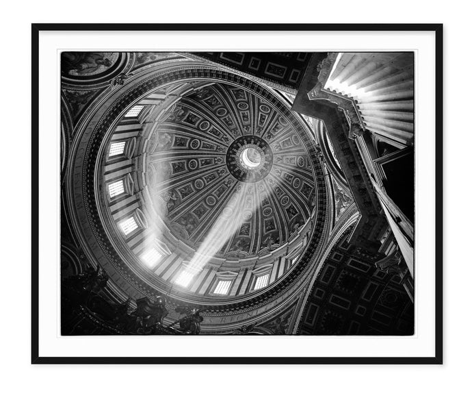 black and white fine art image of the dome at st peters with beams of sunlight, take on film, vintage photography