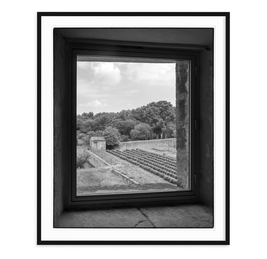 black and white fine art landscape of the view vincen van gogh saw from his room at the asylum in st. remy france